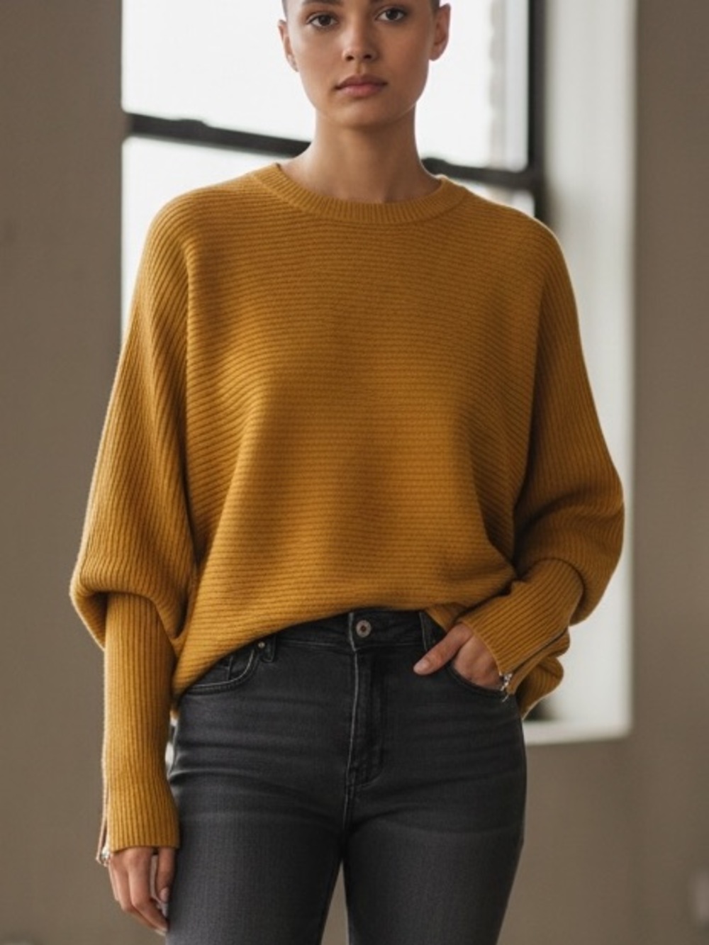 Carmen Marc Valvo Golden Mustard Off-Shoulder Ribbed Sweater